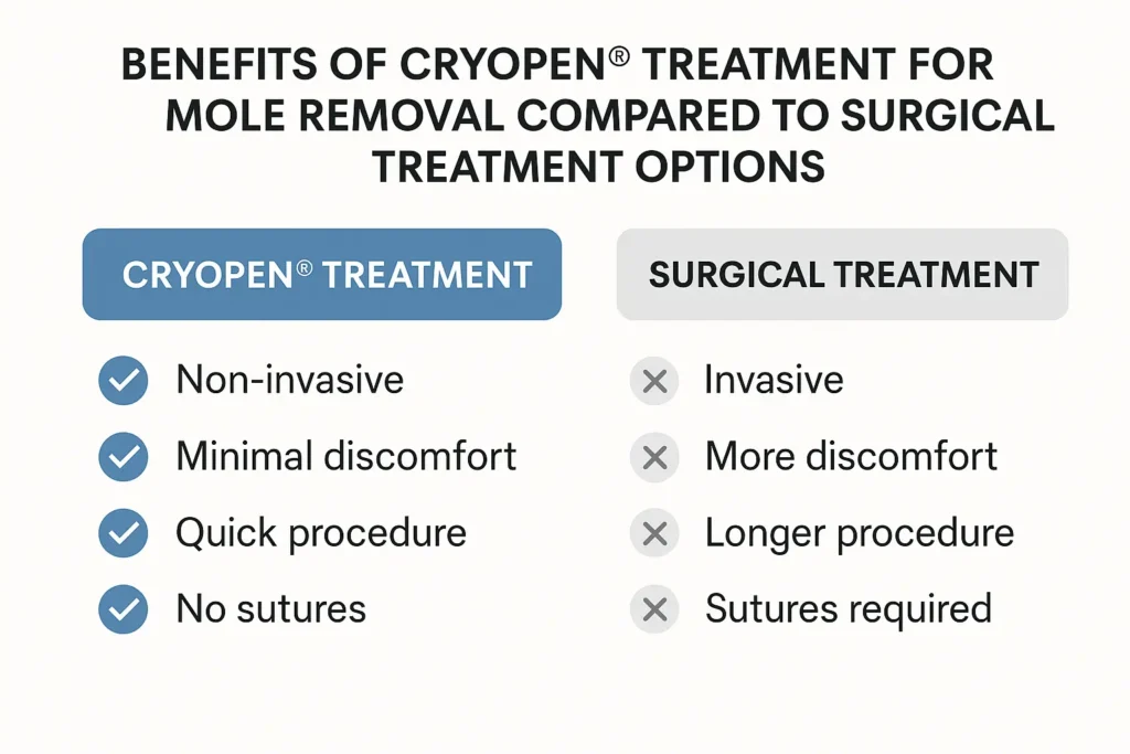 Table to show the benefits of getting moles removed Horsham from LA LIPO