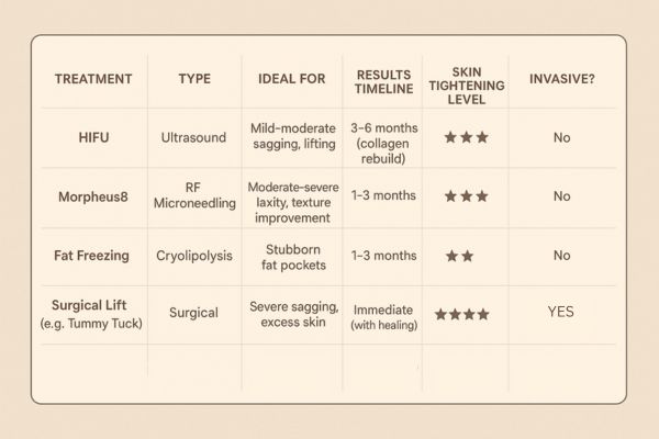Table showing the comparisons of Skin tightening Horsham treatment options. 